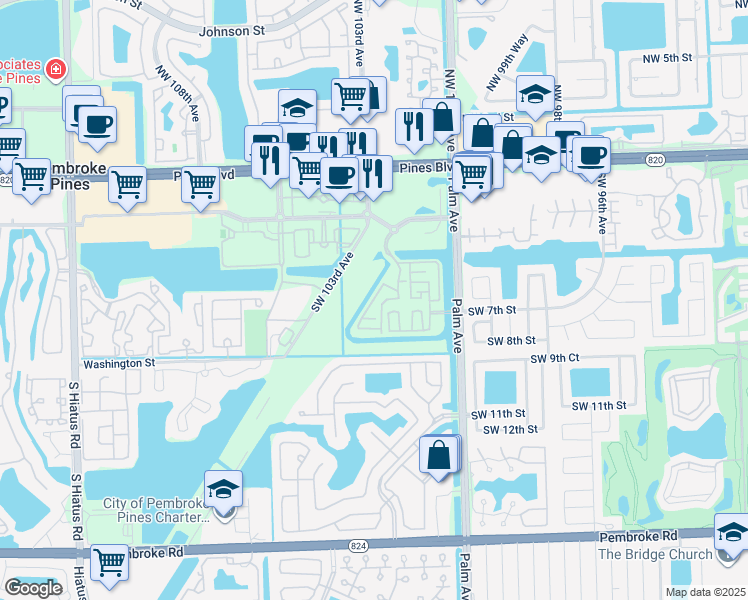 map of restaurants, bars, coffee shops, grocery stores, and more near 730 Southwest 103rd Avenue in Pembroke Pines