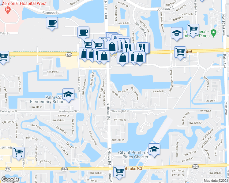 map of restaurants, bars, coffee shops, grocery stores, and more near 11133 Southwest 8th Street in Pembroke Pines