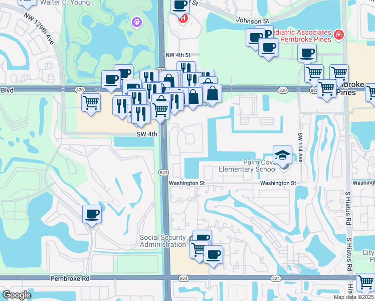 map of restaurants, bars, coffee shops, grocery stores, and more near 12186 Southwest 5th Court in Pembroke Pines