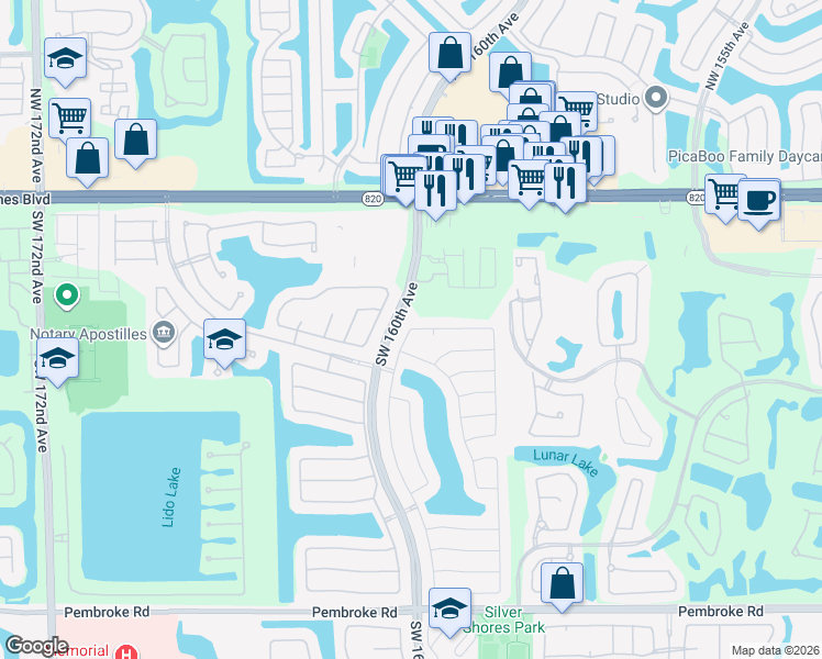 map of restaurants, bars, coffee shops, grocery stores, and more near 394 Southwest 159th Lane in Pembroke Pines