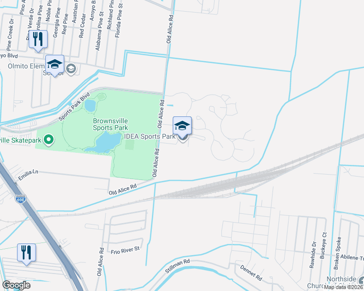 map of restaurants, bars, coffee shops, grocery stores, and more near 511 Old Alice Road in Brownsville