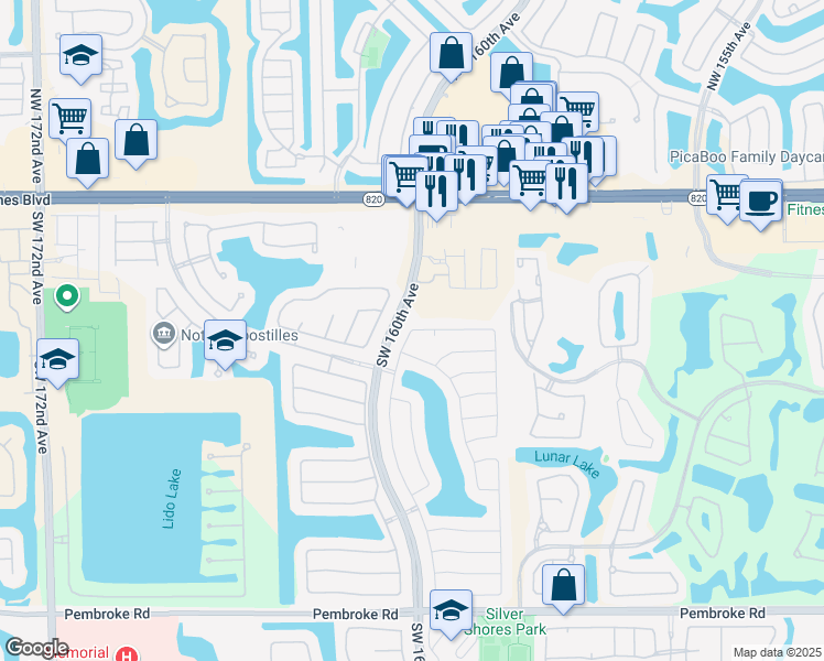 map of restaurants, bars, coffee shops, grocery stores, and more near 394 Southwest 159th Lane in Pembroke Pines