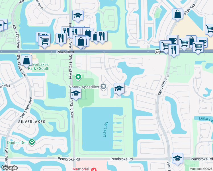map of restaurants, bars, coffee shops, grocery stores, and more near 648 Southwest 168th Terrace in Pembroke Pines