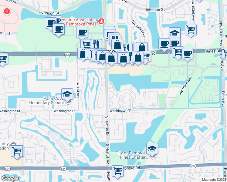 map of restaurants, bars, coffee shops, grocery stores, and more near 11133 Southwest 8th Street in Pembroke Pines