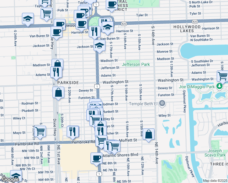 map of restaurants, bars, coffee shops, grocery stores, and more near 1015 South 17th Avenue in Hollywood