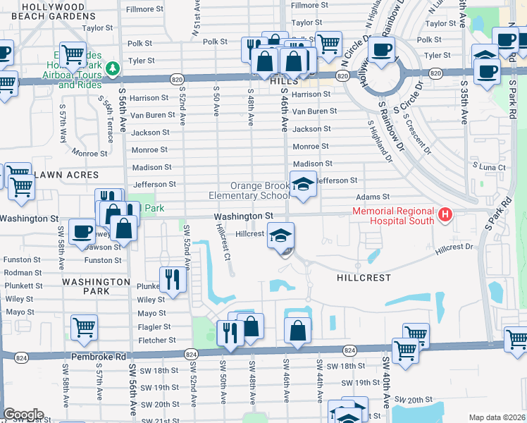 map of restaurants, bars, coffee shops, grocery stores, and more near 4802 Washington Street in Hollywood