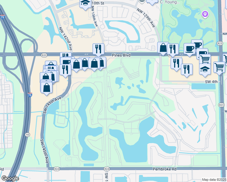 map of restaurants, bars, coffee shops, grocery stores, and more near 13550 Southwest 6th Court in Pembroke Pines
