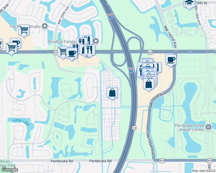 map of restaurants, bars, coffee shops, grocery stores, and more near 634 Southwest 148th Avenue in Pembroke Pines