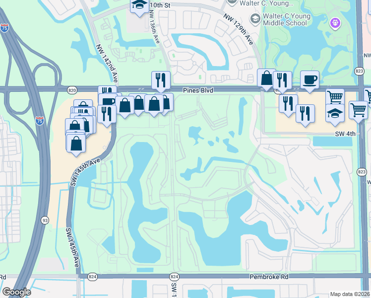 map of restaurants, bars, coffee shops, grocery stores, and more near 13550 Southwest 6th Court in Pembroke Pines