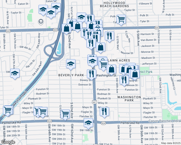 map of restaurants, bars, coffee shops, grocery stores, and more near 6017 Washington Street in Hollywood