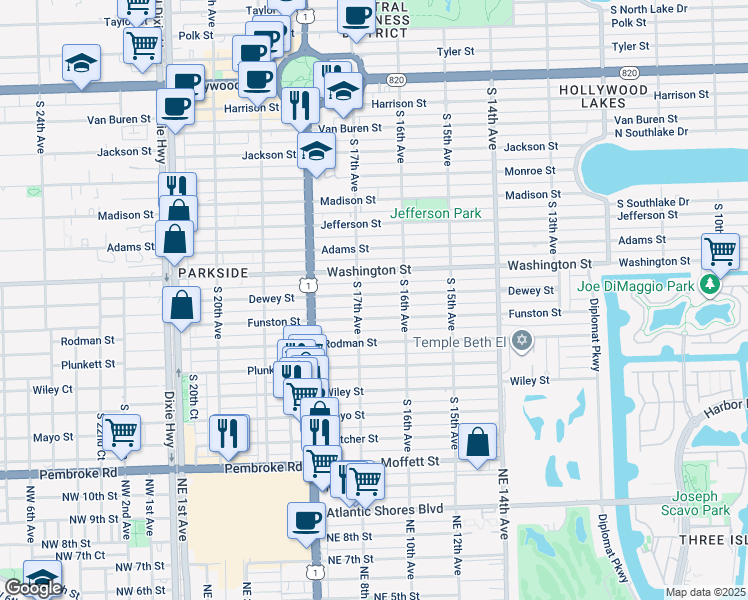 map of restaurants, bars, coffee shops, grocery stores, and more near 1015 South 17th Avenue in Hollywood