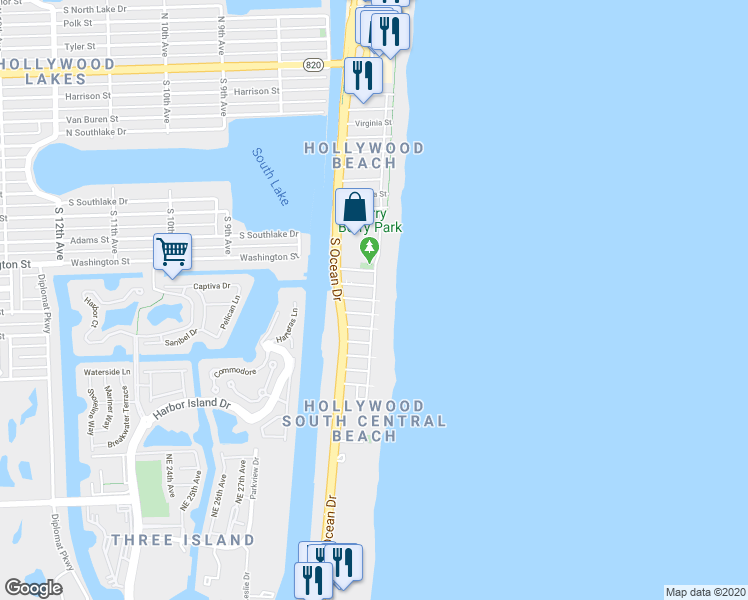 map of restaurants, bars, coffee shops, grocery stores, and more near 1601 South Surf Road in Hollywood