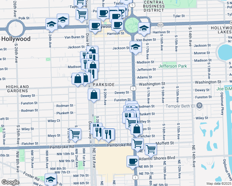 map of restaurants, bars, coffee shops, grocery stores, and more near 1014 South 19th Avenue in Hollywood