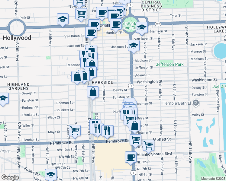 map of restaurants, bars, coffee shops, grocery stores, and more near 1014 South 19th Avenue in Hollywood
