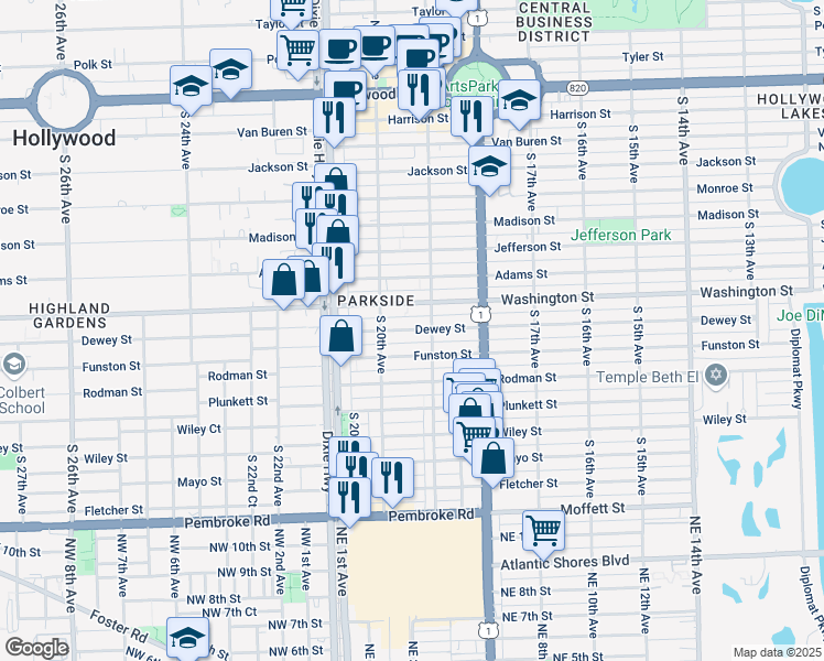 map of restaurants, bars, coffee shops, grocery stores, and more near 1014 South 19th Avenue in Hollywood