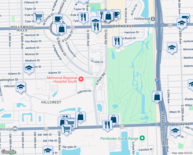 map of restaurants, bars, coffee shops, grocery stores, and more near 1121 South Park Road in Hollywood