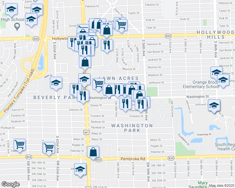 map of restaurants, bars, coffee shops, grocery stores, and more near 5800 Washington Street in Hollywood