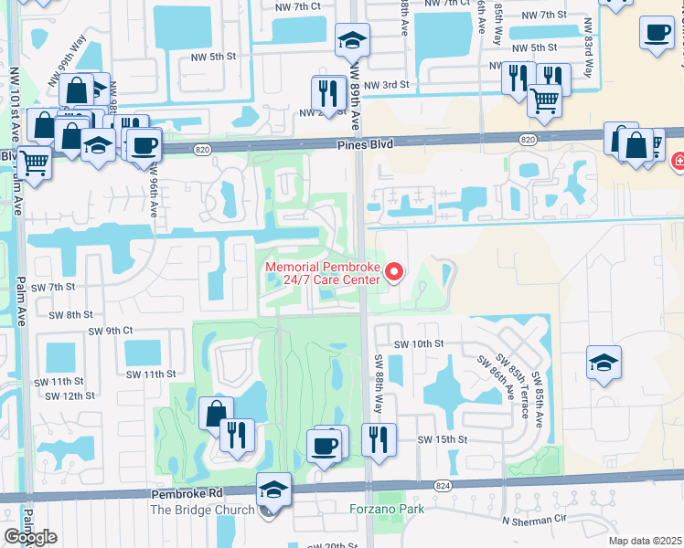 map of restaurants, bars, coffee shops, grocery stores, and more near 8940 South Hollybrook Boulevard in Pembroke Pines