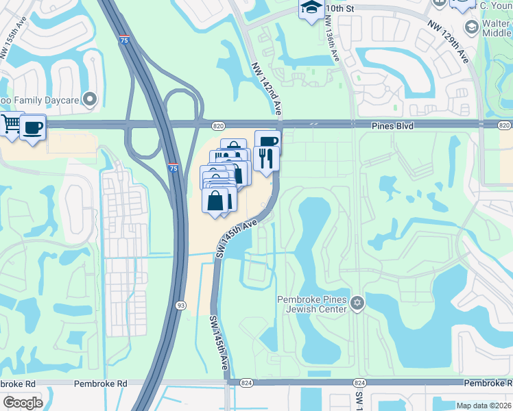 map of restaurants, bars, coffee shops, grocery stores, and more near 14300 Southwest 8th Street in Pembroke Pines