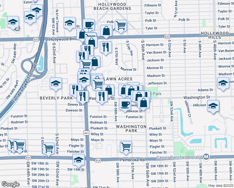 map of restaurants, bars, coffee shops, grocery stores, and more near 5800 Washington Street in Hollywood