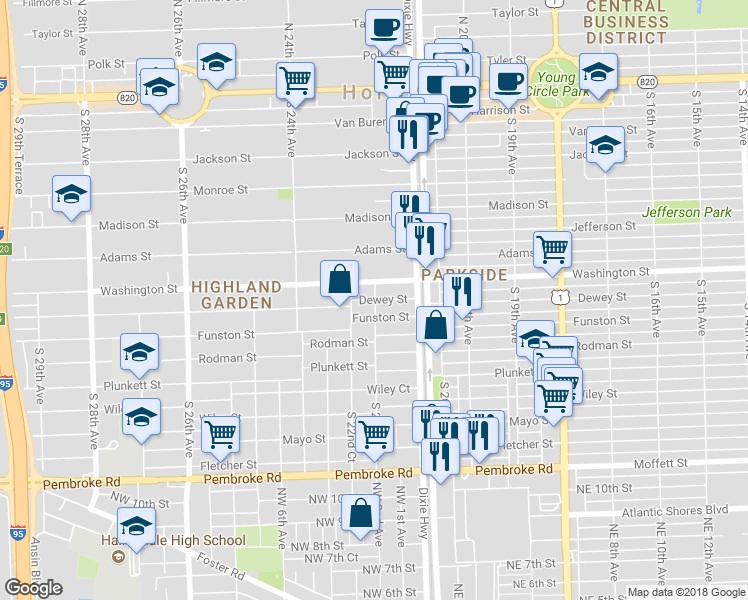 map of restaurants, bars, coffee shops, grocery stores, and more near 2200 Dewey Street in Hollywood