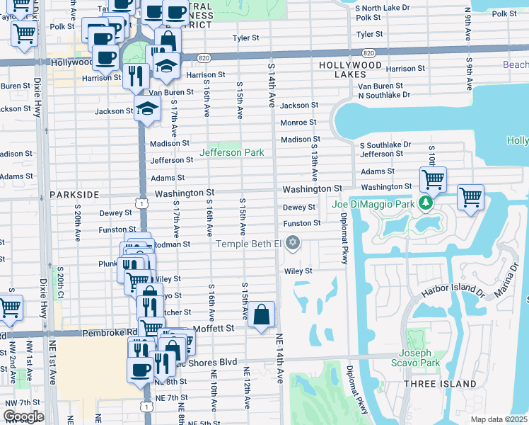 map of restaurants, bars, coffee shops, grocery stores, and more near 1436 Funston Street in Hollywood