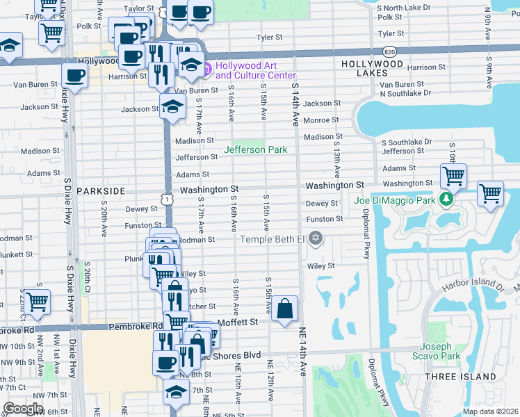 map of restaurants, bars, coffee shops, grocery stores, and more near 1515 Funston Street in Hollywood