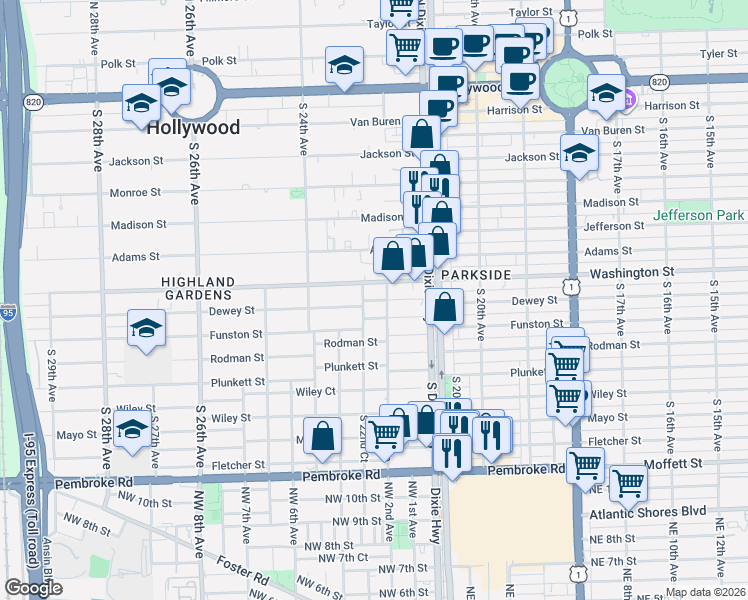 map of restaurants, bars, coffee shops, grocery stores, and more near 2201 Funston Street in Hollywood