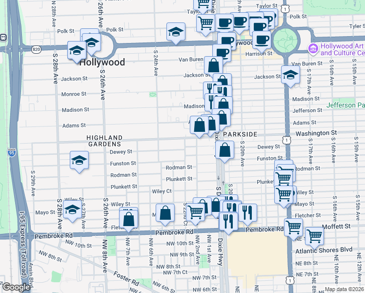map of restaurants, bars, coffee shops, grocery stores, and more near 2302 Dewey Street in Hollywood
