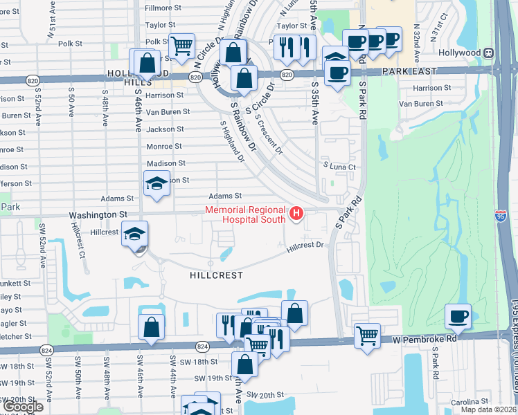 map of restaurants, bars, coffee shops, grocery stores, and more near 3850 Washington Street in Hollywood
