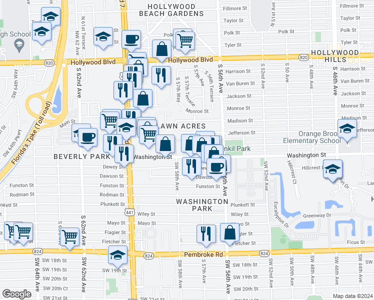 map of restaurants, bars, coffee shops, grocery stores, and more near 5722 Washington Street in Hollywood