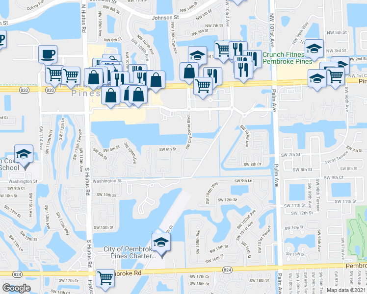 map of restaurants, bars, coffee shops, grocery stores, and more near 10555 Southwest 6th Street in Pembroke Pines
