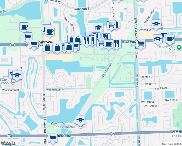map of restaurants, bars, coffee shops, grocery stores, and more near 10555 Southwest 6th Street in Pembroke Pines