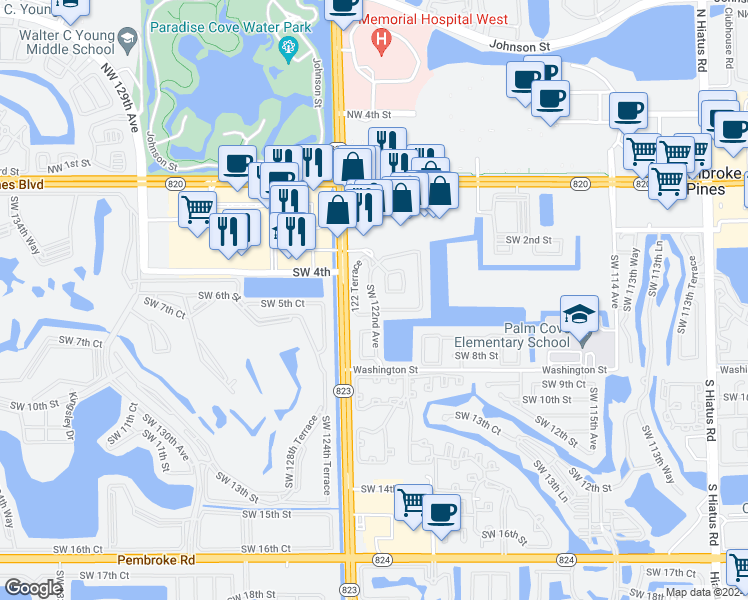 map of restaurants, bars, coffee shops, grocery stores, and more near 12186 Southwest 5th Court in Pembroke Pines