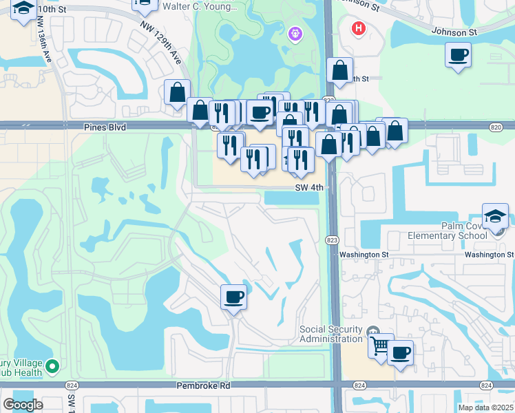 map of restaurants, bars, coffee shops, grocery stores, and more near 12650 Southwest 6th Street in Pembroke Pines