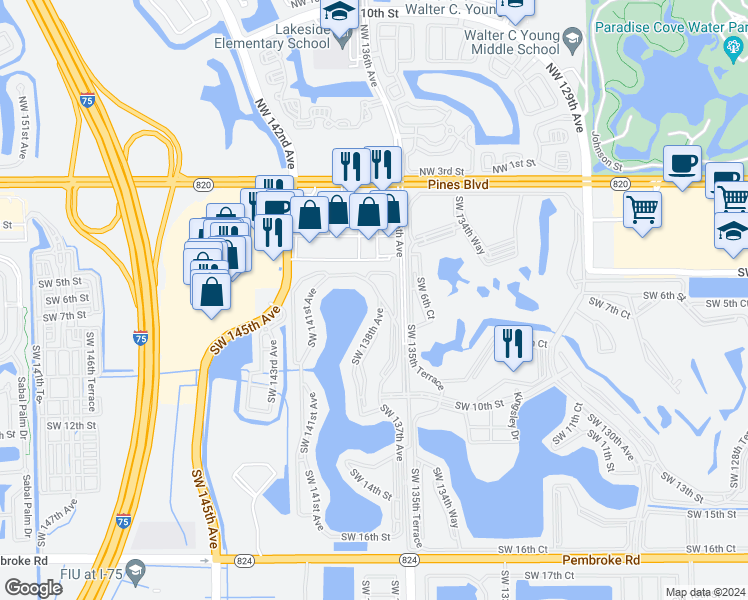 map of restaurants, bars, coffee shops, grocery stores, and more near 650 Southwest 138th Avenue in Pembroke Pines