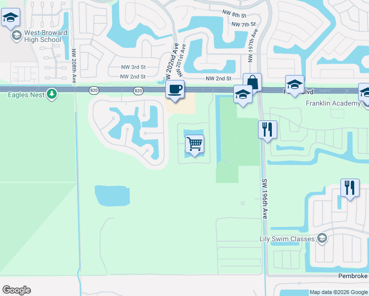 map of restaurants, bars, coffee shops, grocery stores, and more near 19951 Southwest 7th Place in Pembroke Pines