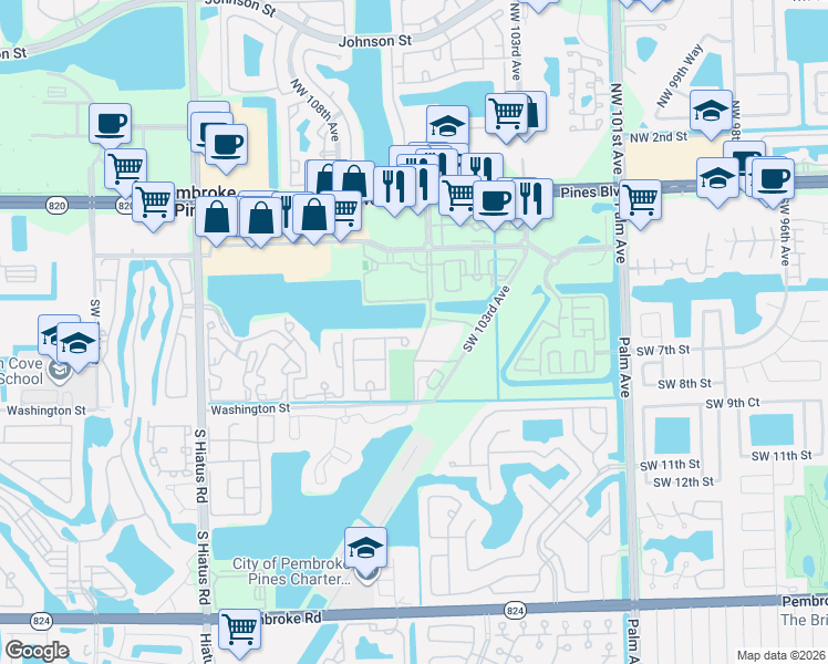 map of restaurants, bars, coffee shops, grocery stores, and more near 10555 Southwest 6th Street in Pembroke Pines