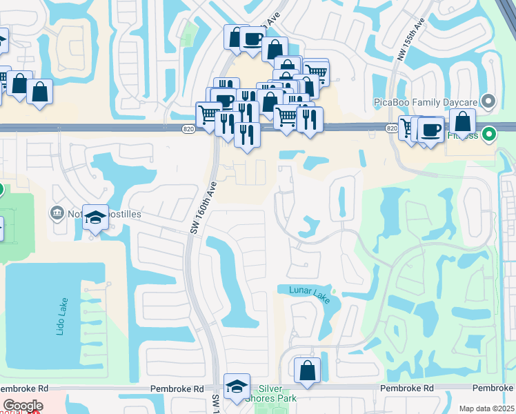 map of restaurants, bars, coffee shops, grocery stores, and more near 15961 Southwest 3rd Street in Pembroke Pines
