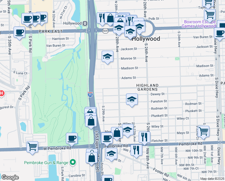 map of restaurants, bars, coffee shops, grocery stores, and more near 2848 Dewey Street in Hollywood
