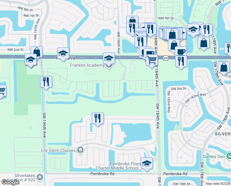 map of restaurants, bars, coffee shops, grocery stores, and more near 18740 Southwest 4th Street in Pembroke Pines