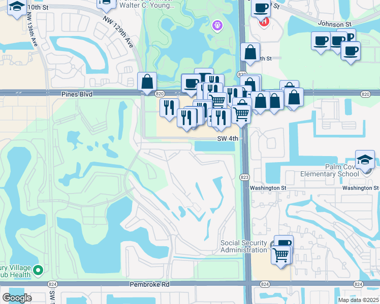 map of restaurants, bars, coffee shops, grocery stores, and more near 12650 Southwest 6th Street in Pembroke Pines