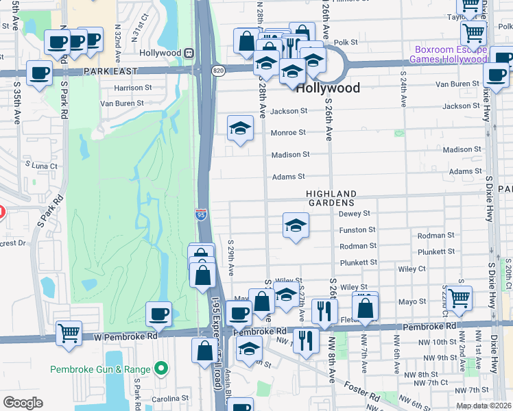 map of restaurants, bars, coffee shops, grocery stores, and more near 1001 South 28th Avenue in Hollywood