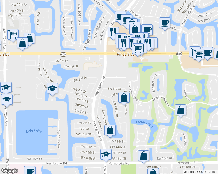 map of restaurants, bars, coffee shops, grocery stores, and more near 15989 Southwest 3rd Street in Pembroke Pines