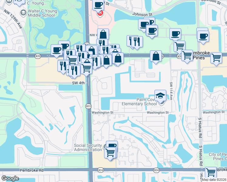 map of restaurants, bars, coffee shops, grocery stores, and more near 12028 Southwest 5th Court in Pembroke Pines