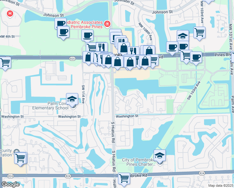 map of restaurants, bars, coffee shops, grocery stores, and more near 11133 Southwest 8th Street in Pembroke Pines