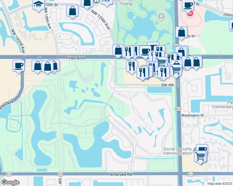 map of restaurants, bars, coffee shops, grocery stores, and more near 12900 Southwest 7th Court in Pembroke Pines