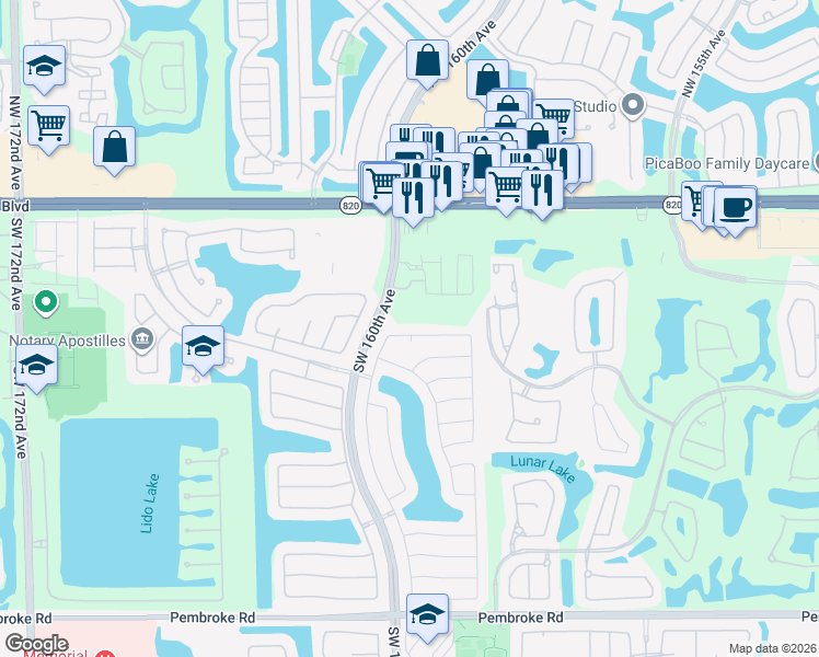 map of restaurants, bars, coffee shops, grocery stores, and more near 15989 Southwest 3rd Street in Pembroke Pines