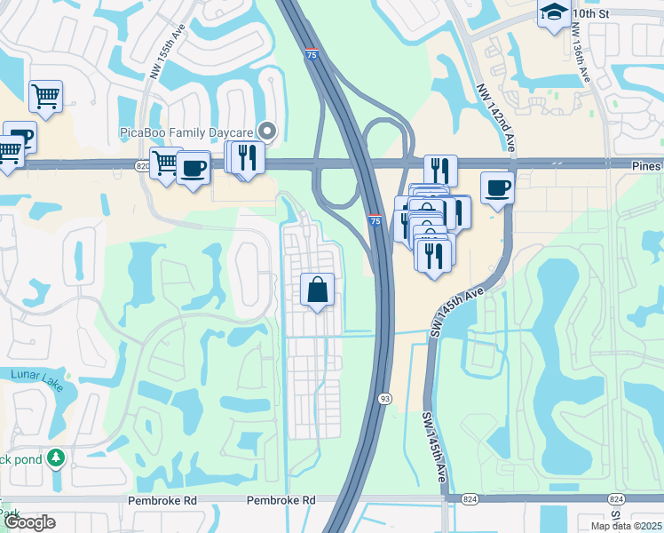 map of restaurants, bars, coffee shops, grocery stores, and more near 501 Southwest 146th Terrace in Pembroke Pines