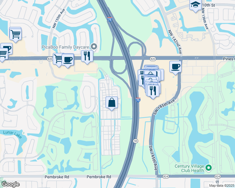 map of restaurants, bars, coffee shops, grocery stores, and more near 501 Southwest 146th Terrace in Pembroke Pines